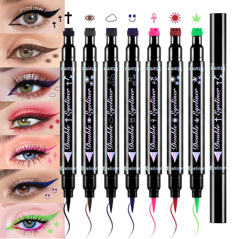 Double-Sided Liquid Stamp Eyeliner Pen, Face Stamps Makeup Extremely Black Waterproof Slim Gel Felt Tip High Black Pigment Liquid Eyeliner & Seal (Black)