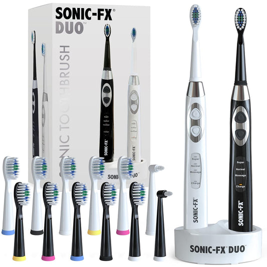 Duo Rechargeable Electric Toothbrush Set - with 14 Brush Heads, 3 Modes, Smart Auto-Timer, Charging Dock Holder - Dual Handle Electric Tooth Brush for Adults & Kids, Black and White