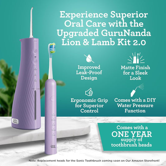 Lion & Lamb Kit 2.0, Electric Toothbrush with Water Flosser Combo, 4 Jet Tips, 4 Brush Heads, & IPX7 Waterproof Design for Complete Oral Care, Lavender