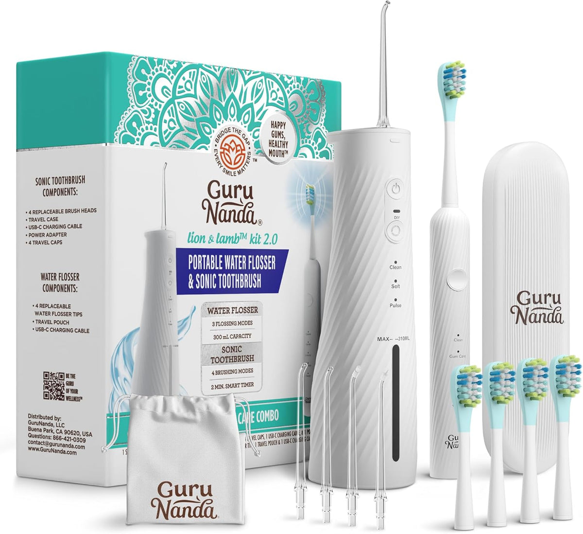 Lion & Lamb Kit 2.0, Electric Toothbrush with Water Flosser Combo, 4 Jet Tips, 4 Brush Heads, & IPX7 Waterproof Design for Complete Oral Care, Lavender