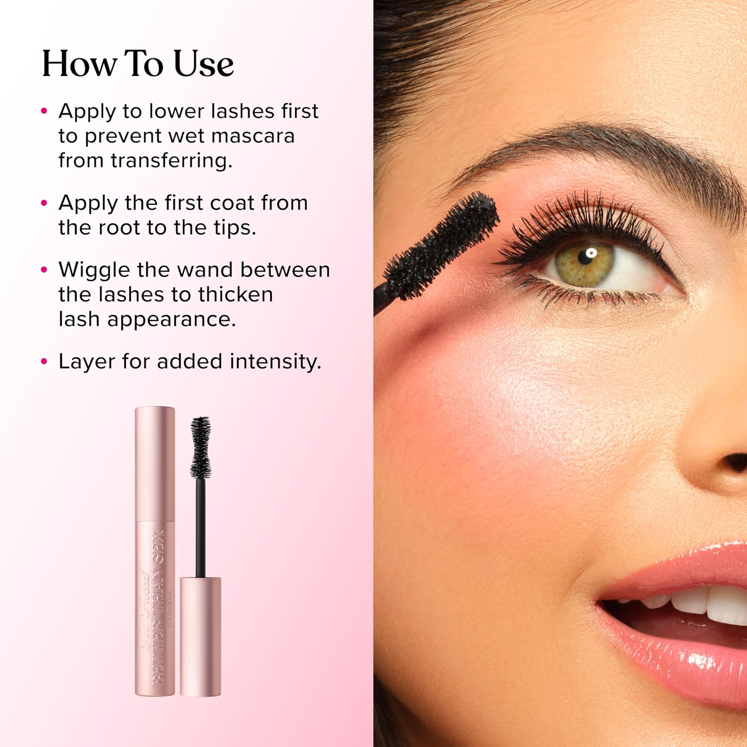 Too Faced Better than Sex Volumizing and Lengthening Mascara | Vegan Formula, Dramatic Volume and Length | Cruelty-Free Eye Makeup + Hourglass Brush for False Lash Effect