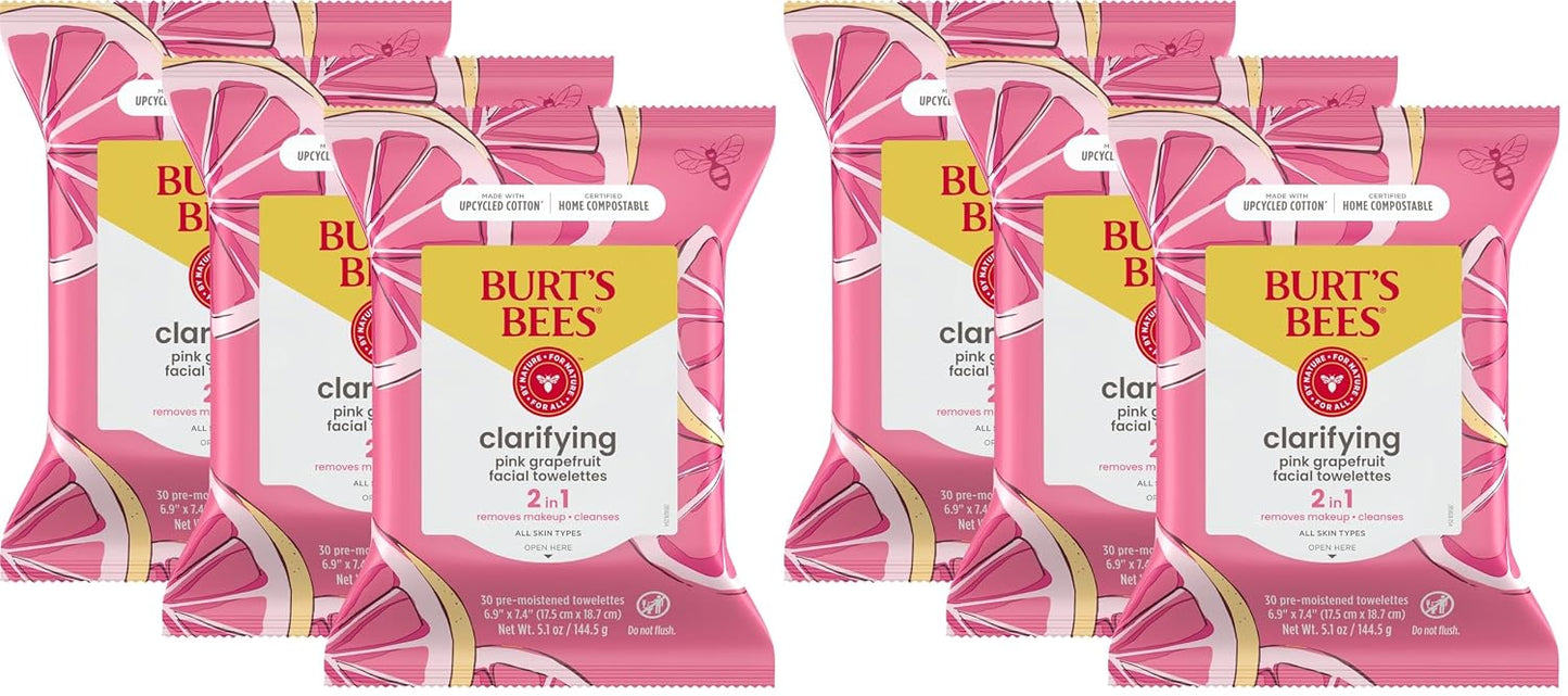 Burts Bees Micellar Rose Water Facial Towelettes, 100% Plant Based Cloth; 99% Natural Origin; Remove Makeup, Cleanse, Hydrate; No Greasy, Oily Residue; All Skin Types; 30 Ct, Pack of 3 (Pack May Vary)