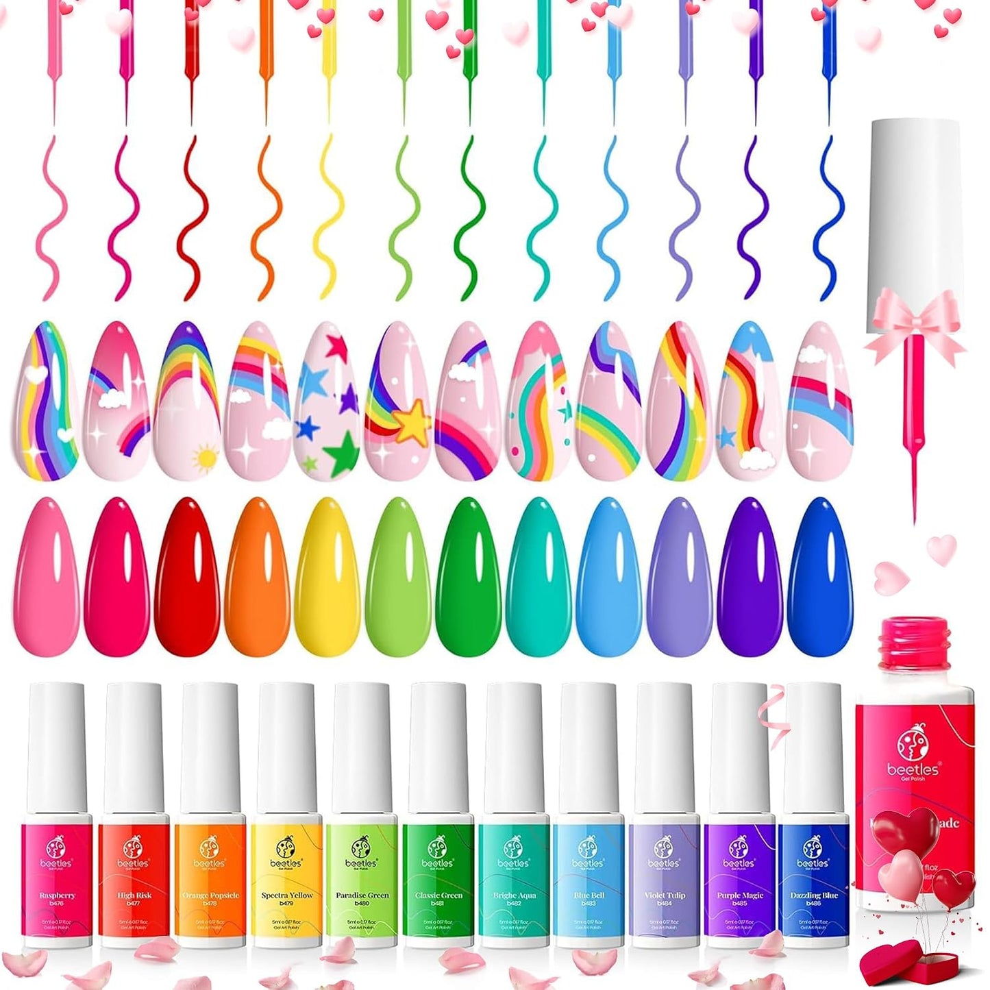 Beetles Nail Art Gel Liner Polish 12 Colors Reflective Glitter Gel Nail Polish, Gold Silver Pink Blue Purple Brown Black Kit Soak off Uv Nail Art Design Set Summer Manicure Gifts for Women