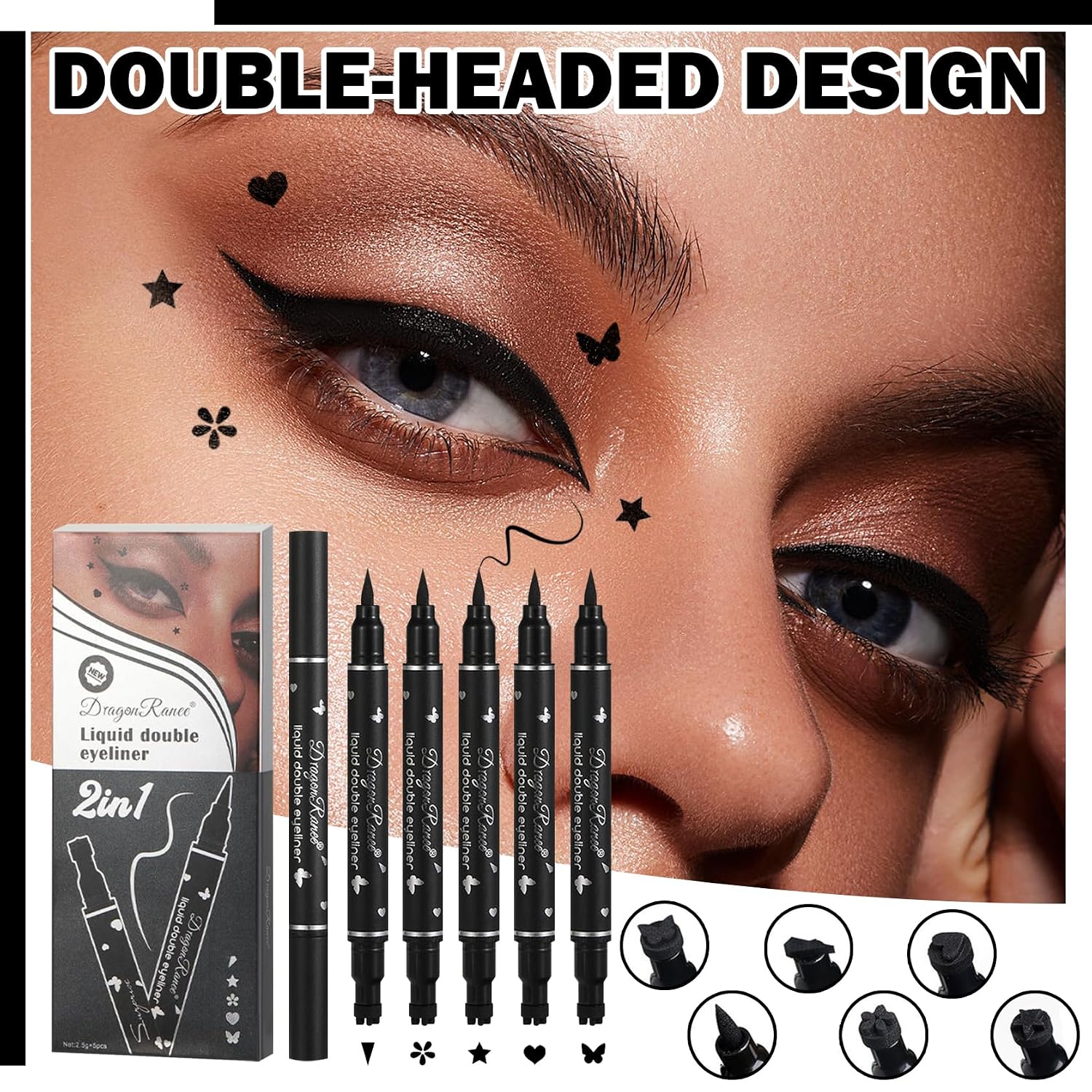 5PCS Black Liquid Eyeliner Stamps Set,Double-Side Winged Eyeliner Stencil Pen,Waterproof Long Lasting Eye Liners Stamp Eyeliner Pencil Tattoo Makeup Tools with Heart,Flower,Star,Butterfly,Cone Shapes