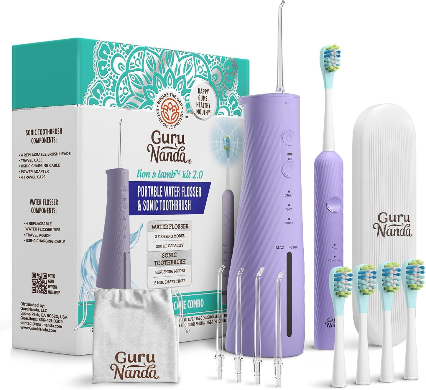 Lion & Lamb Kit 2.0, Electric Toothbrush with Water Flosser Combo, 4 Jet Tips, 4 Brush Heads, & IPX7 Waterproof Design for Complete Oral Care, Lavender