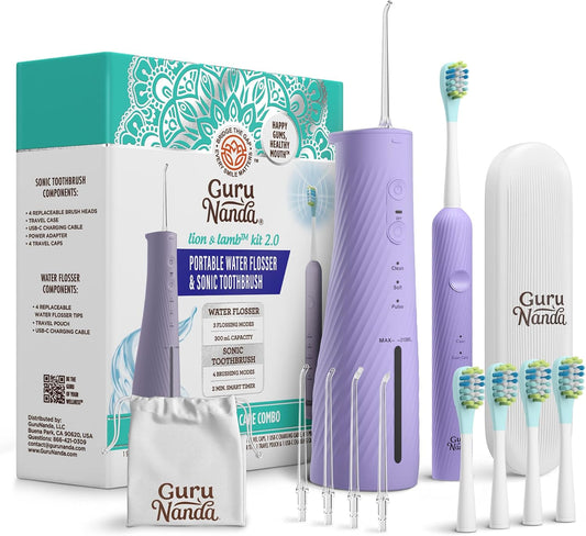 Lion & Lamb Kit 2.0, Electric Toothbrush with Water Flosser Combo, 4 Jet Tips, 4 Brush Heads, & IPX7 Waterproof Design for Complete Oral Care, Lavender