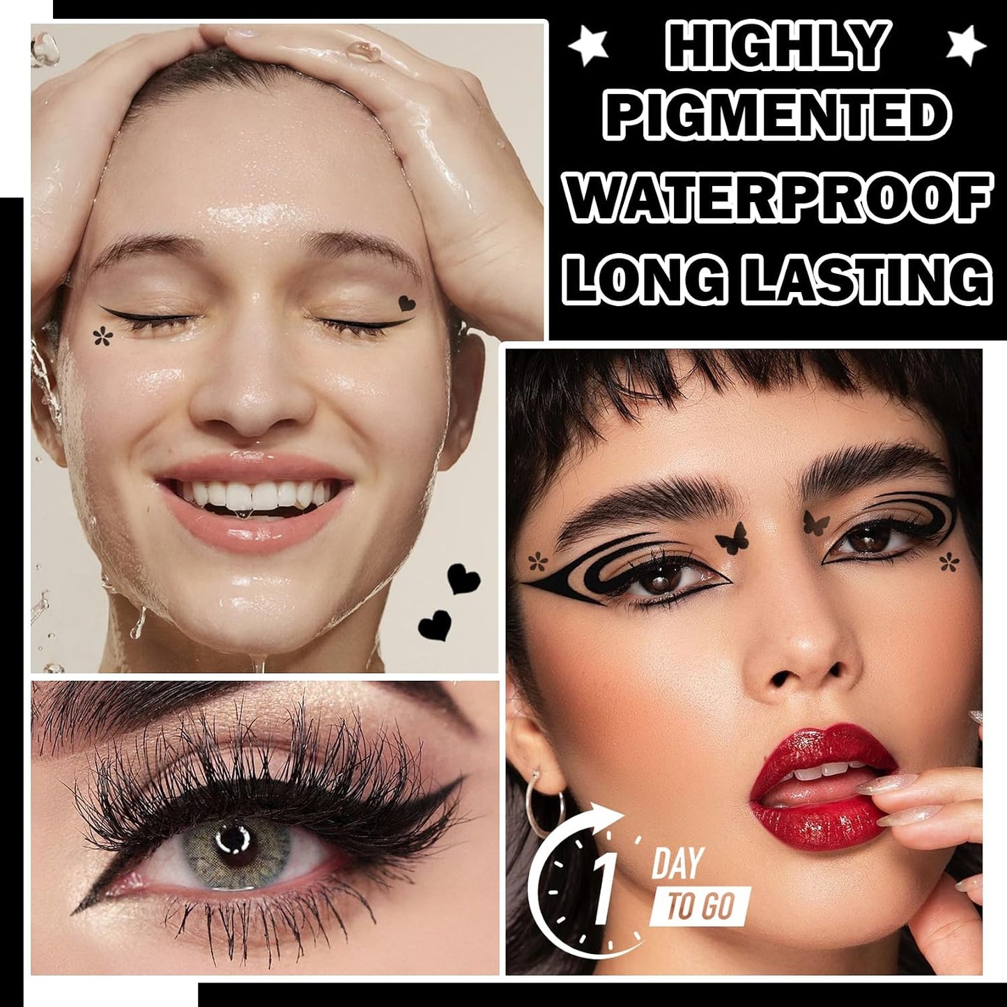 5PCS Black Liquid Eyeliner Stamps Set,Double-Side Winged Eyeliner Stencil Pen,Waterproof Long Lasting Eye Liners Stamp Eyeliner Pencil Tattoo Makeup Tools with Heart,Flower,Star,Butterfly,Cone Shapes