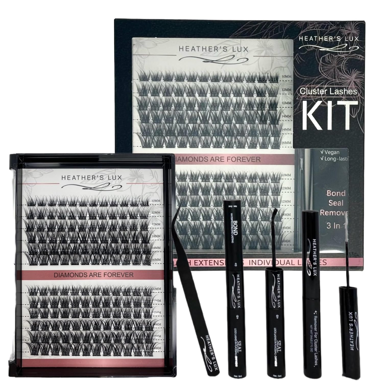 HEATHER’S LUX DIY Eyelash Lash Extension Kit Lash Clusters Lash Kit with 144 Pieces, Tweezers, Bond, Seal & Glue Remover, Reusable Individual Segment Lashes (Champagne Toast)