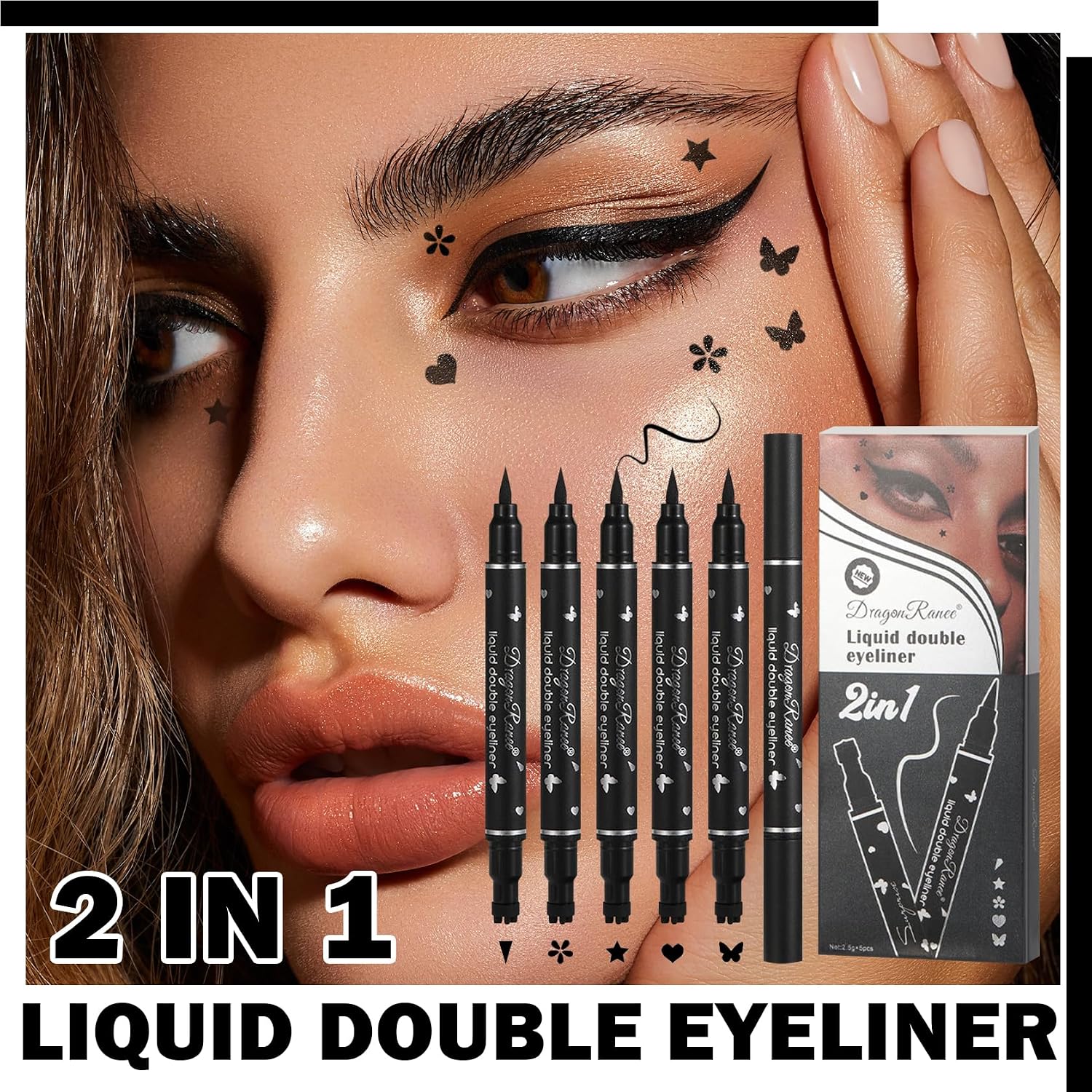 5PCS Black Liquid Eyeliner Stamps Set,Double-Side Winged Eyeliner Stencil Pen,Waterproof Long Lasting Eye Liners Stamp Eyeliner Pencil Tattoo Makeup Tools with Heart,Flower,Star,Butterfly,Cone Shapes
