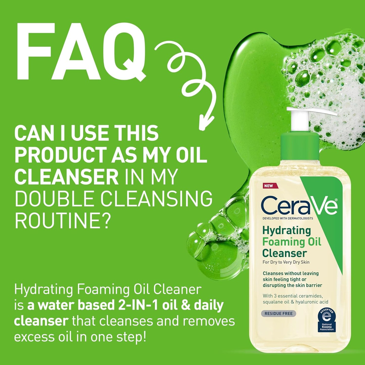 Hydrating Foaming Oil Facial Cleanser with Hyaluronic Acid, 19Oz | Face and Body Wash with Squalane Oil and Ceramides in a Fragrance Free, Residue Free Formula for Dry to Very Dry Skin.