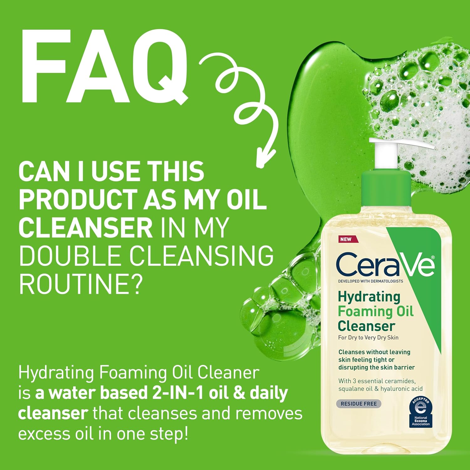 Hydrating Foaming Oil Facial Cleanser with Hyaluronic Acid, 19Oz | Face and Body Wash with Squalane Oil and Ceramides in a Fragrance Free, Residue Free Formula for Dry to Very Dry Skin.