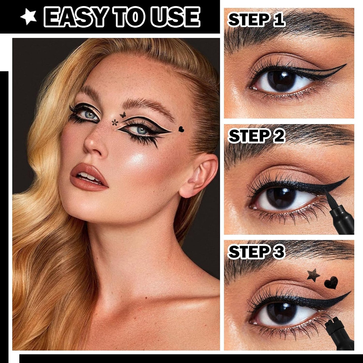 5PCS Black Liquid Eyeliner Stamps Set,Double-Side Winged Eyeliner Stencil Pen,Waterproof Long Lasting Eye Liners Stamp Eyeliner Pencil Tattoo Makeup Tools with Heart,Flower,Star,Butterfly,Cone Shapes