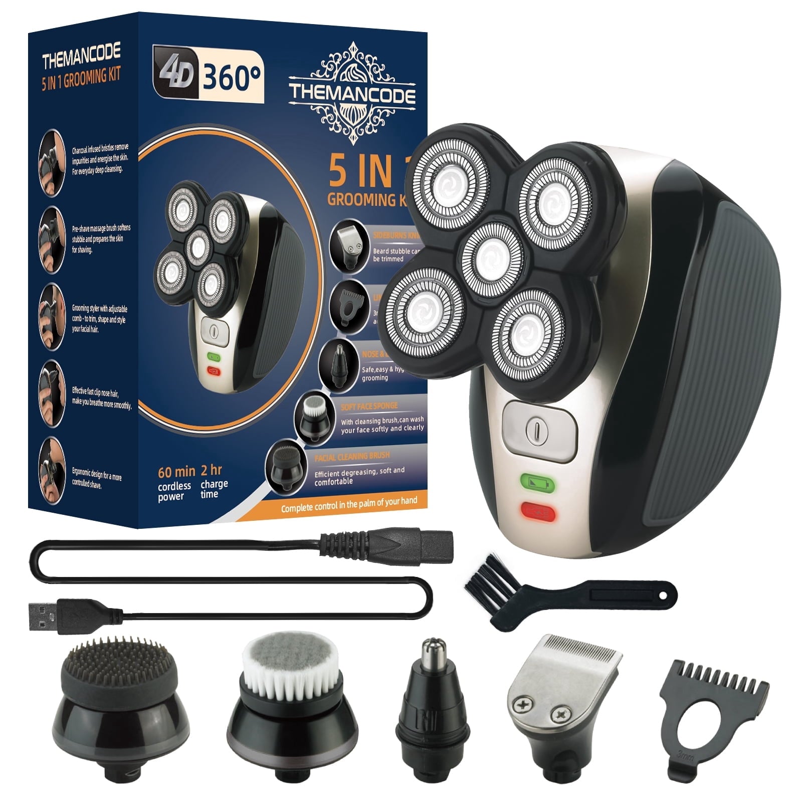5-In-1 Head Shaver for Bald Men, 4D Electric Rotary Razor, Cordless Wet & Dry Waterproof, Rechargeable Grooming Kit with Precision Blades, Nose Trimmer & Facial Brush, Father'S Day Gift