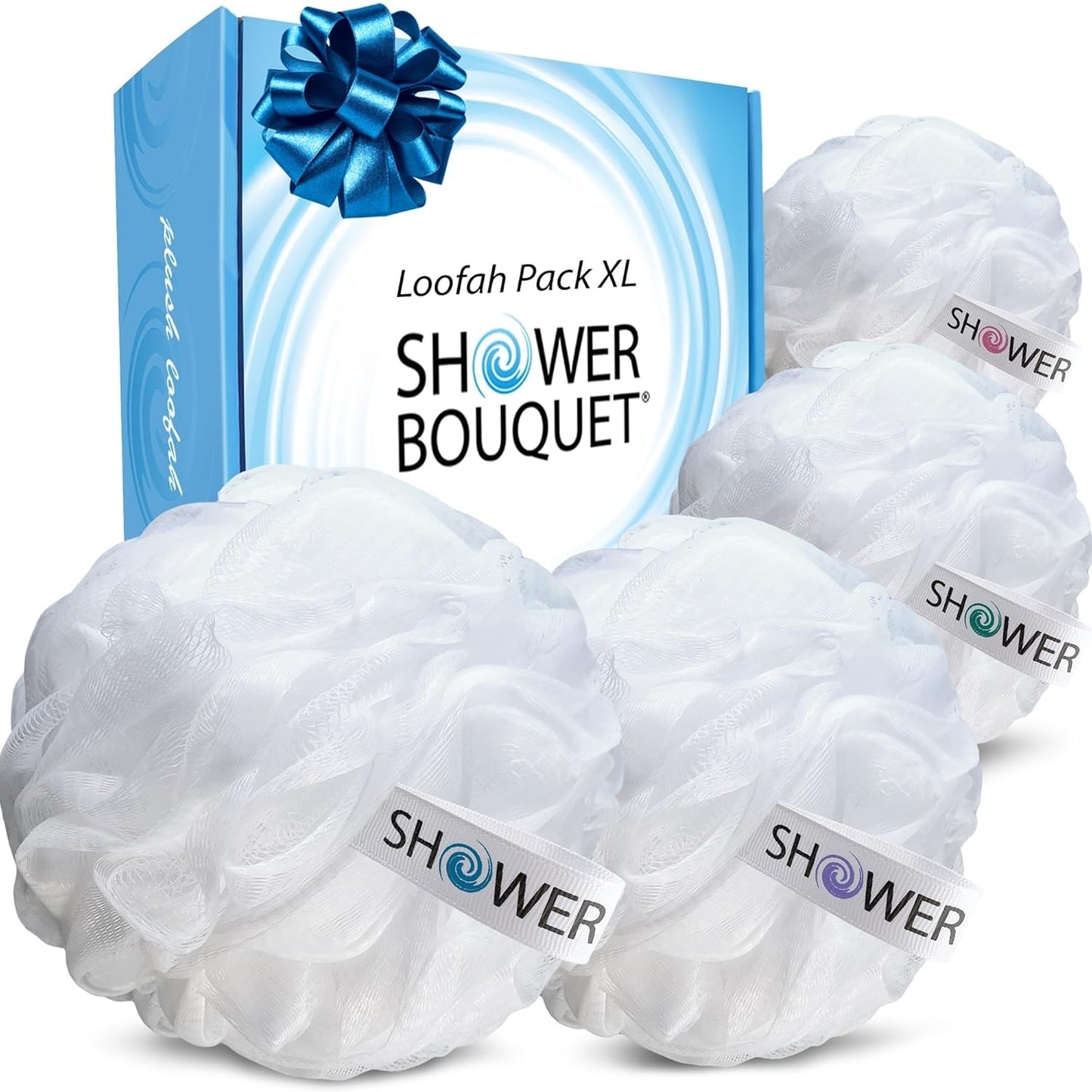 Loofah-Charcoal Bath-Sponge Xl-Color-4-Pack // Extra Large 75G Soft Mesh Black Luffa Loofa Loufa Puff Set/Exfoliating Body Scrubber for Women and Men - Exfoliate & Soothe Face & Body