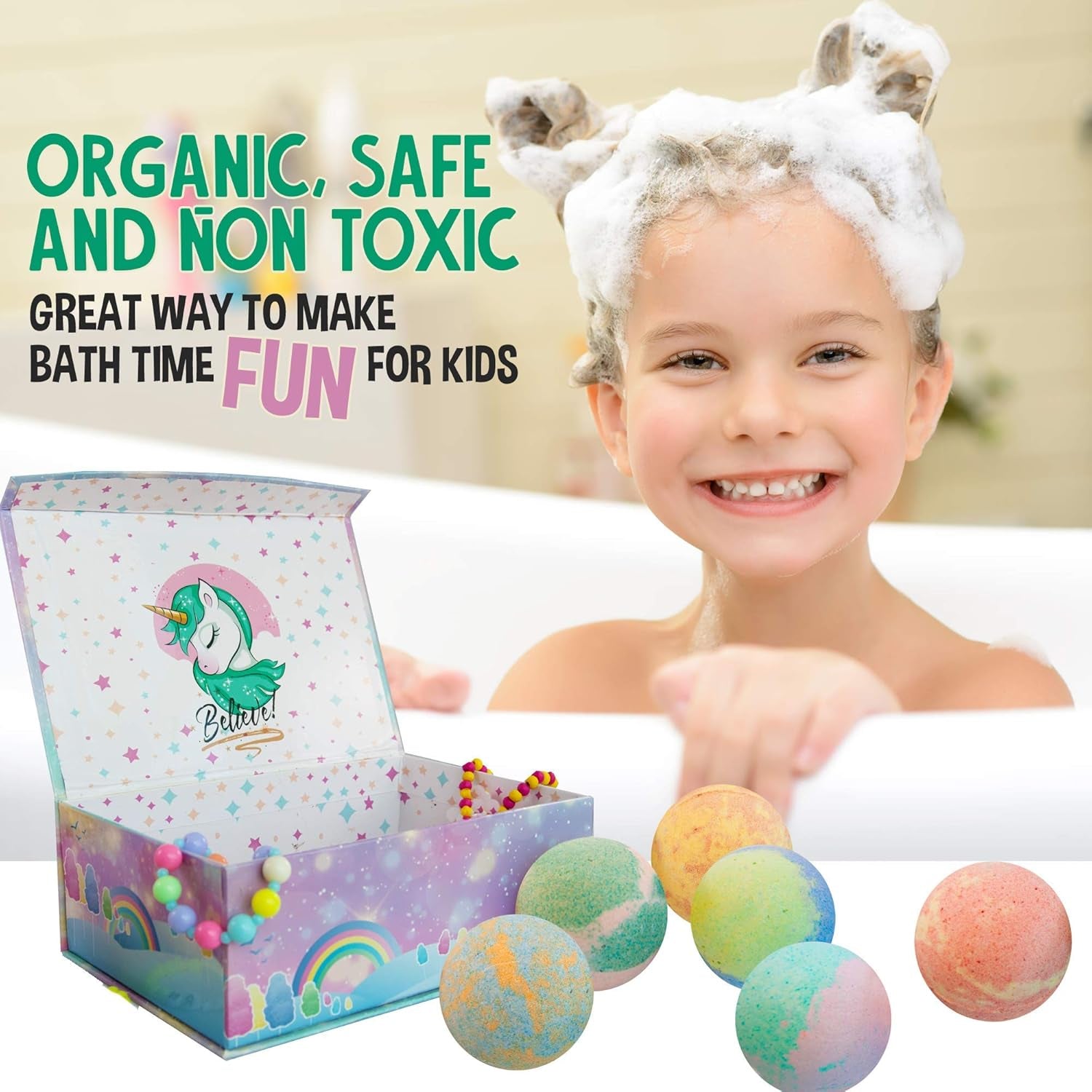 Unicorn Bath Bombs for Girls with Jewelry inside & Jewelry Box for Kids - Organic, Skin Moisturizing, Natural Bubble Bath Bombs for Kids with Surprise Toy Inside, Birthday, Christmas Gift for Girls
