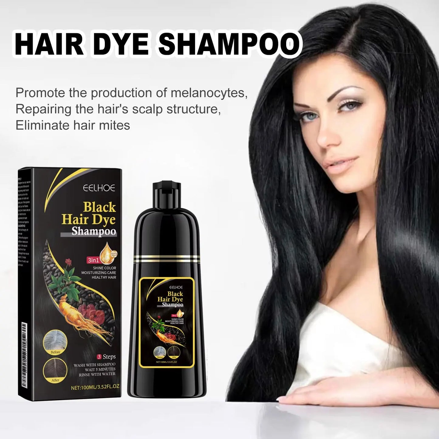Black Hair Dye Shampoo 3 in 1 Growth Clean Hair Darkening Deep Nourishing Black Hair Dye Shampoo Natural Organic Herbal