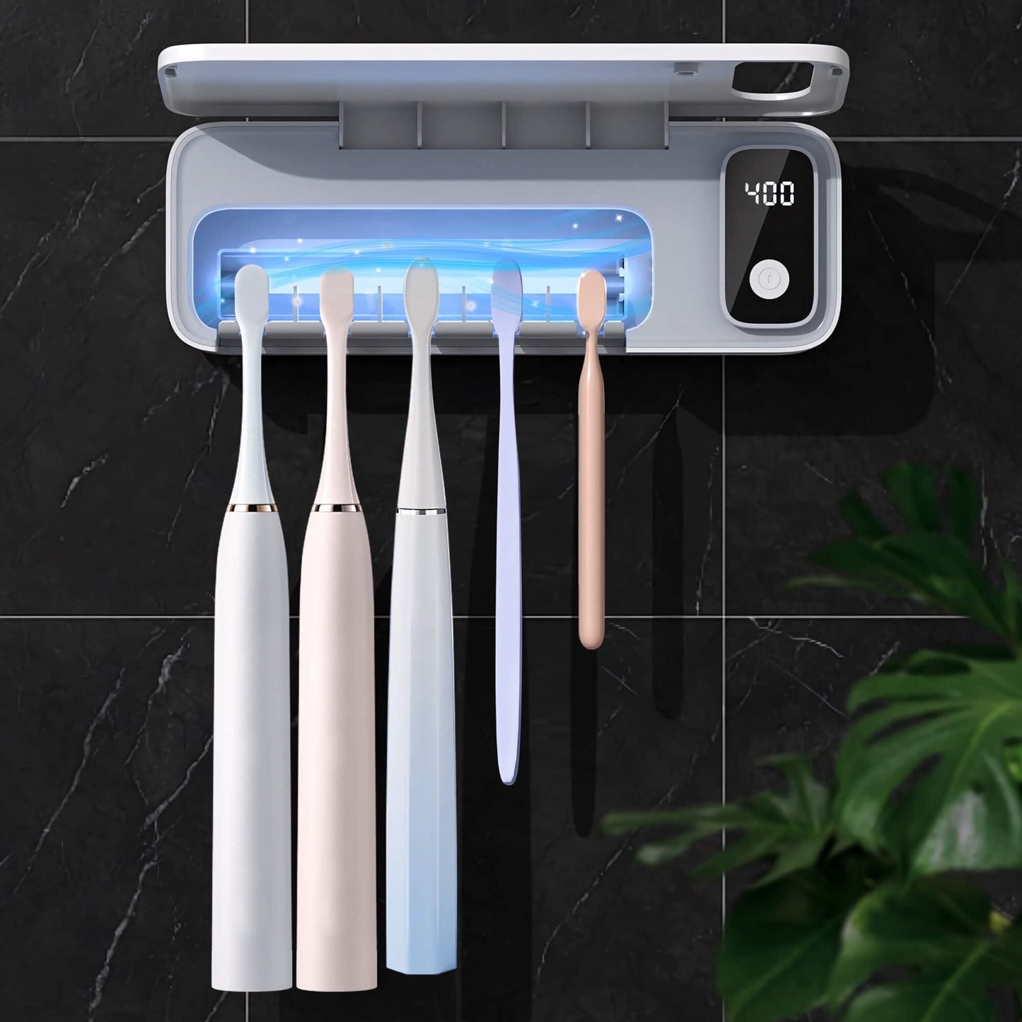 Toothbrush Holders for Bathrooms, UV Toothbrush Sanitizer Wall Mounted with Toothpaste Dispenser, Large Capacity Tray, Tooth Brushing Holder & Bathroom Accessories
