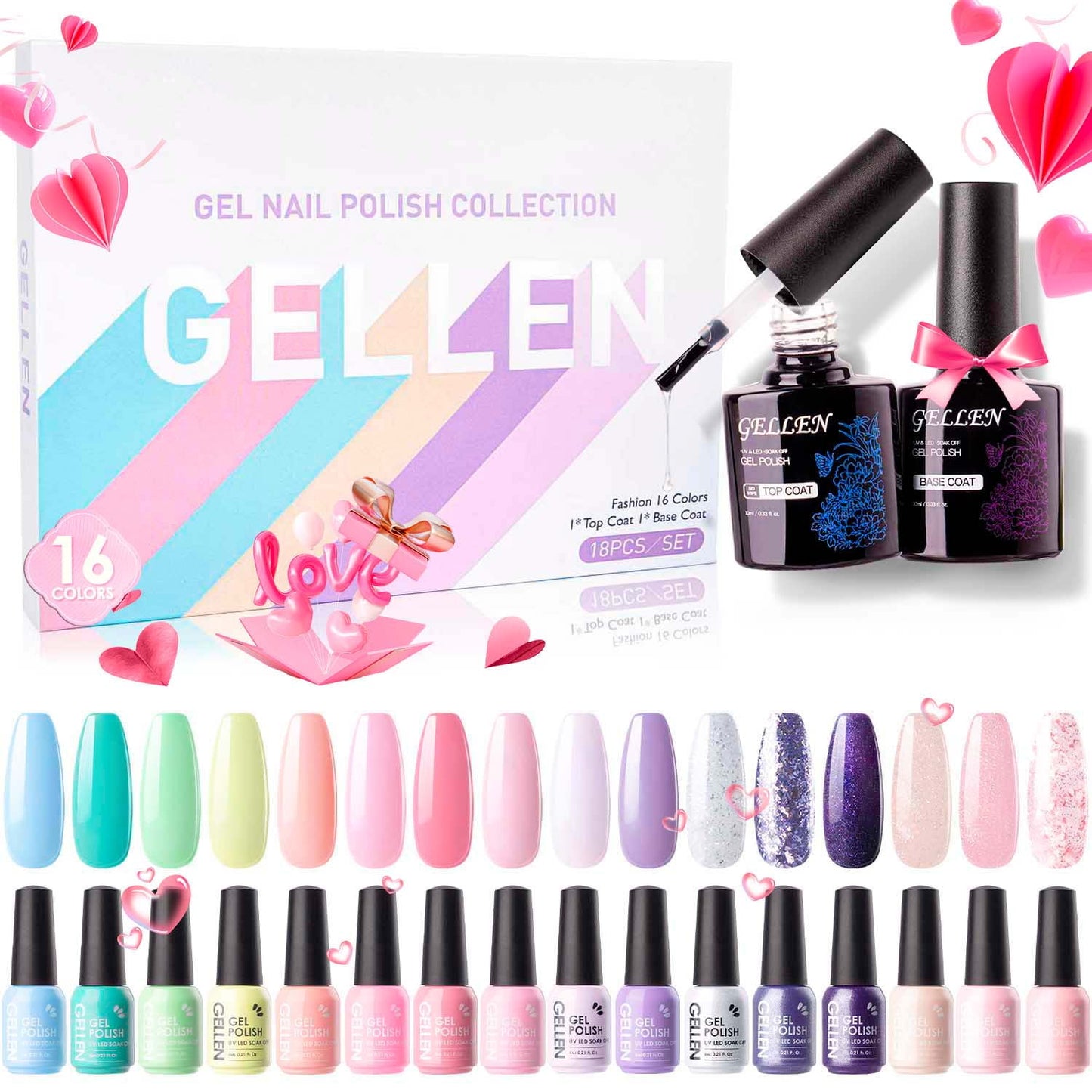 Gel Nail Polish Kit, 16 Colors Gel Polish Nudes Pink Red Brown Soak off Nail Gel Polish Set with Top and Base Coat, UV Nail Gel DIY Salon Nail Art Valentine Gift for Women