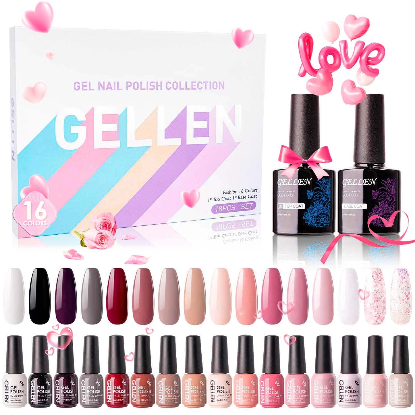 Gel Nail Polish Kit, 16 Colors Gel Polish Nudes Pink Red Brown Soak off Nail Gel Polish Set with Top and Base Coat, UV Nail Gel DIY Salon Nail Art Valentine Gift for Women