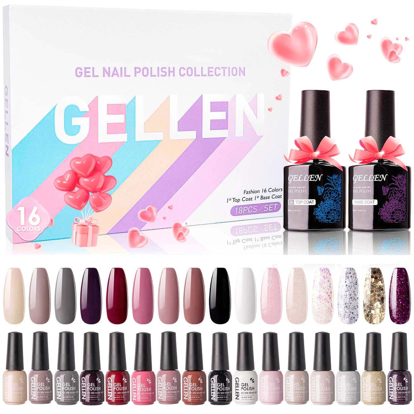 Gel Nail Polish Kit, 16 Colors Gel Polish Nudes Pink Red Brown Soak off Nail Gel Polish Set with Top and Base Coat, UV Nail Gel DIY Salon Nail Art Valentine Gift for Women