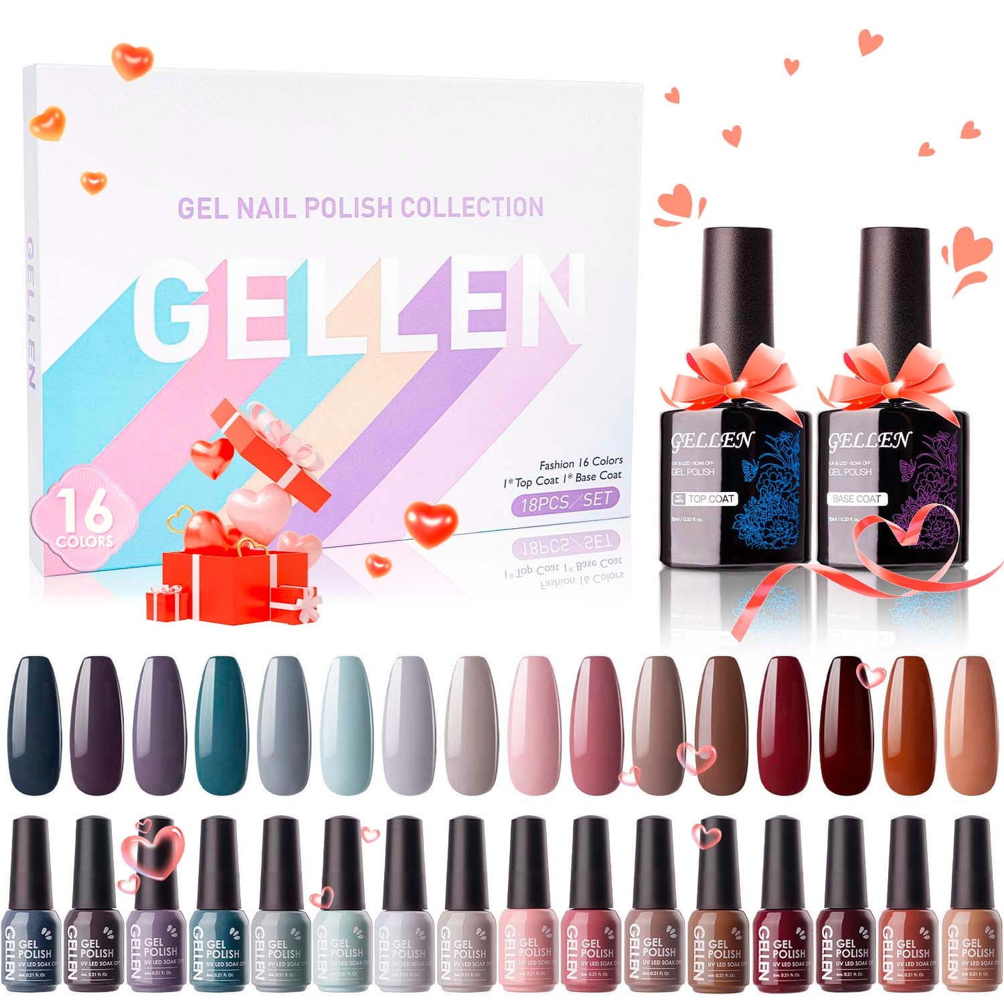 Gel Nail Polish Kit, 16 Colors Gel Polish Nudes Pink Red Brown Soak off Nail Gel Polish Set with Top and Base Coat, UV Nail Gel DIY Salon Nail Art Valentine Gift for Women