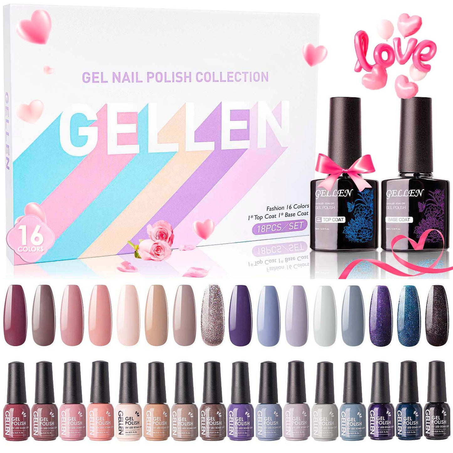 Gel Nail Polish Kit, 16 Colors Gel Polish Nudes Pink Red Brown Soak off Nail Gel Polish Set with Top and Base Coat, UV Nail Gel DIY Salon Nail Art Valentine Gift for Women