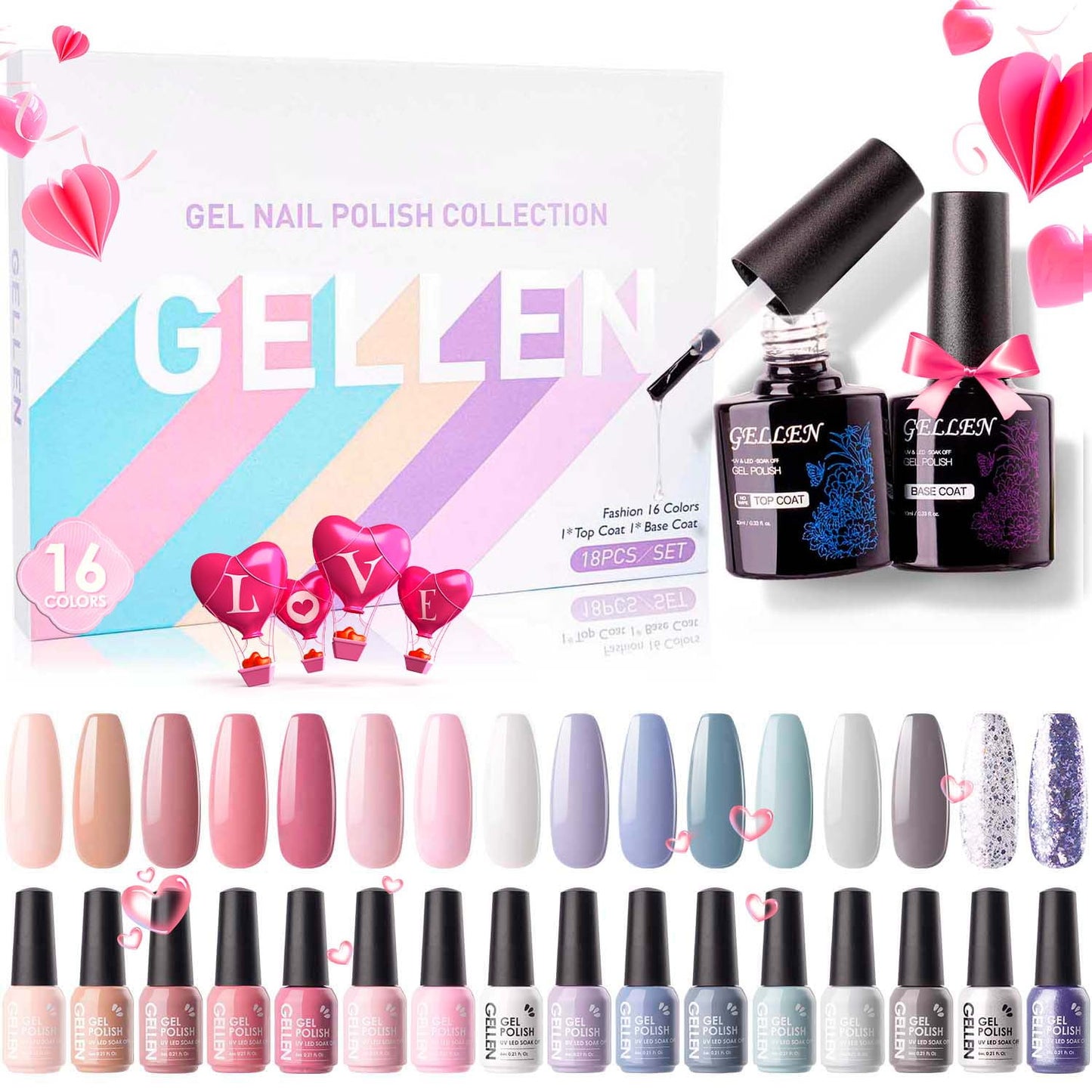 Gel Nail Polish Kit, 16 Colors Gel Polish Nudes Pink Red Brown Soak off Nail Gel Polish Set with Top and Base Coat, UV Nail Gel DIY Salon Nail Art Valentine Gift for Women