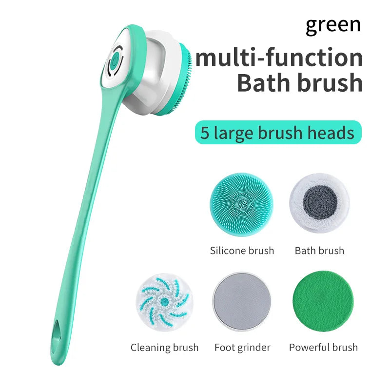 Auto Rotating Electric Waterproof Massage Shower Brush Multi-Function Silicone Massage Bath Brush with 5 Large Brush Heads