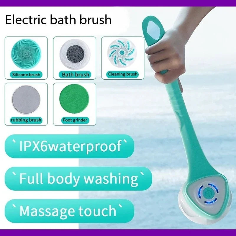 Auto Rotating Electric Waterproof Massage Shower Brush Multi-Function Silicone Massage Bath Brush with 5 Large Brush Heads