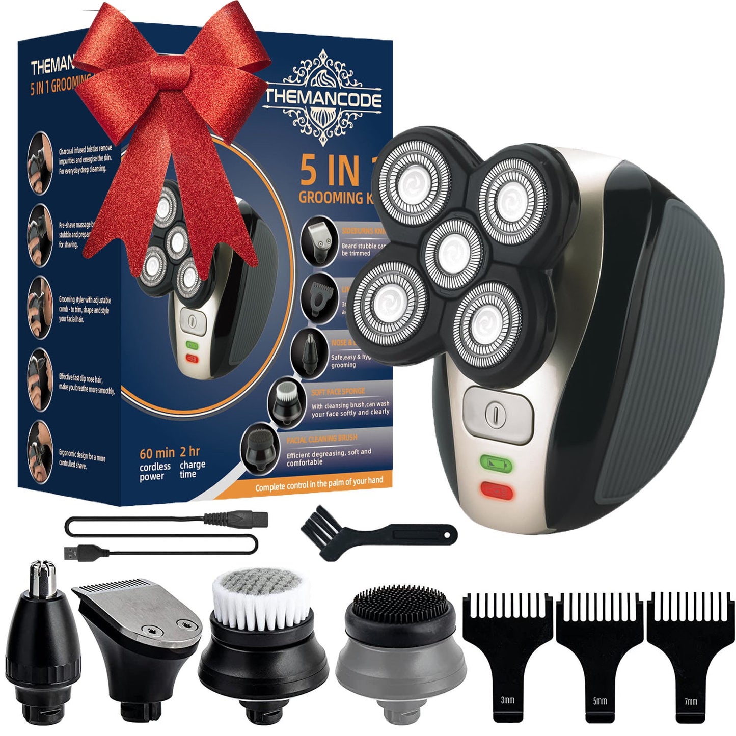 5-In-1 Head Shaver for Bald Men, 4D Electric Rotary Razor, Cordless Wet & Dry Waterproof, Rechargeable Grooming Kit with Precision Blades, Nose Trimmer & Facial Brush, Father'S Day Gift