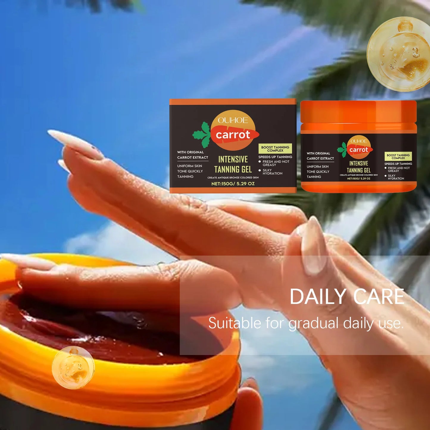Achieve a Radiant Sun-Kissed Glow with Our Carrot Tanning Gel – Lightweight, Fast Absorbing, and Moisturizing for a Natural Tan!