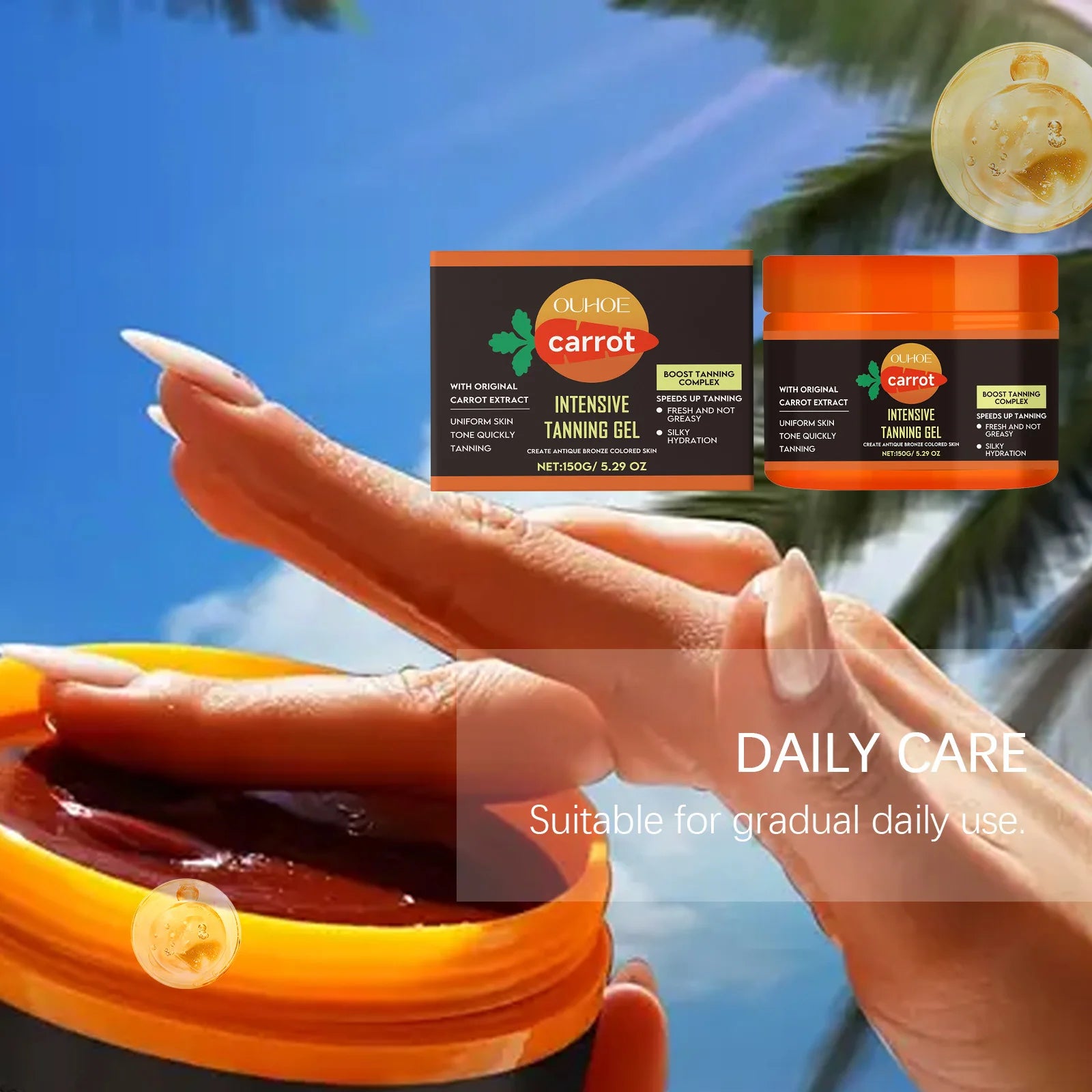 Achieve a Radiant Sun-Kissed Glow with Our Carrot Tanning Gel – Lightweight, Fast Absorbing, and Moisturizing for a Natural Tan!
