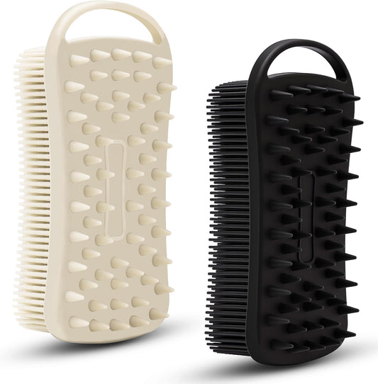 2 PC Silicone Exfoliating Body Scrubber, 2 in 1 Silicone Body Shampoo Brush, Soft Silicone Loofah for Sensitive Skin, Shower Silicone Hair Scalp Massager, Easy to Clean, Lather Well (Grey&Black)
