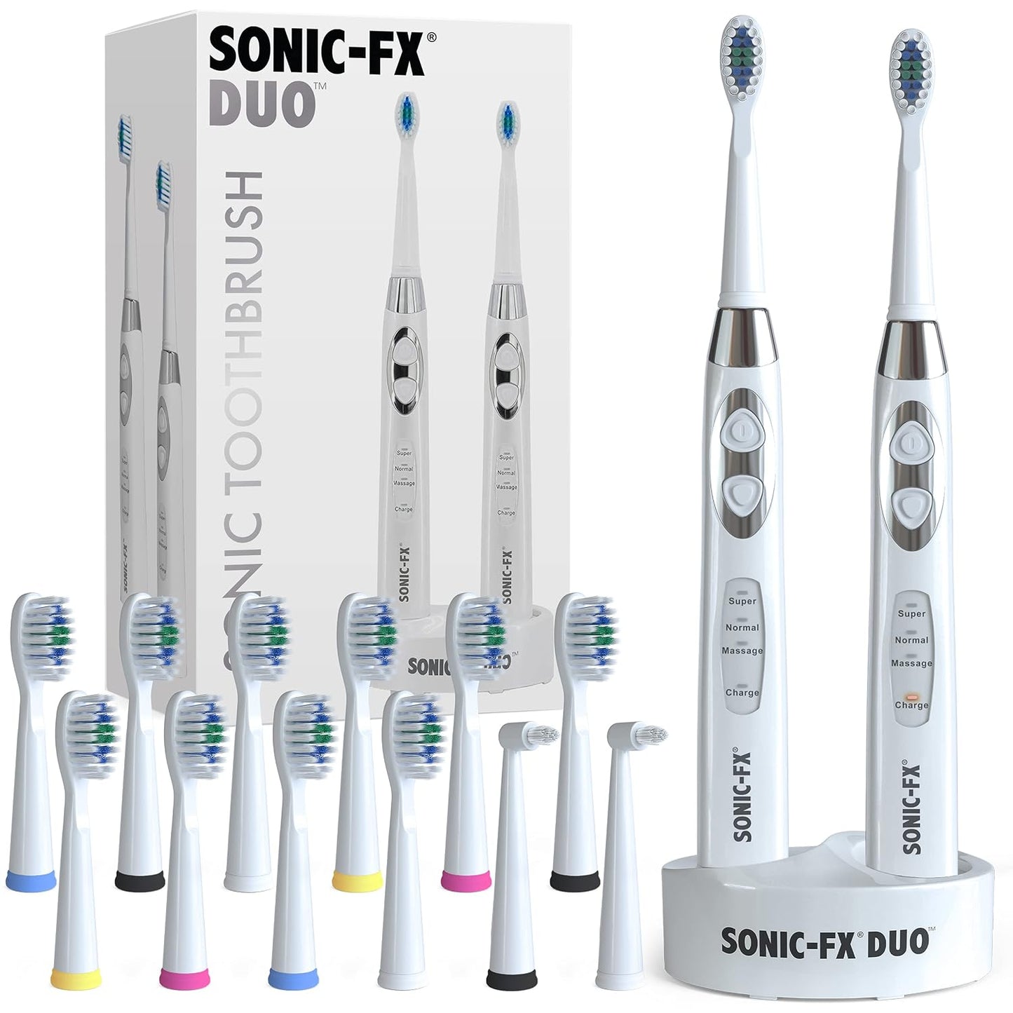Duo Rechargeable Electric Toothbrush Set - with 14 Brush Heads, 3 Modes, Smart Auto-Timer, Charging Dock Holder - Dual Handle Electric Tooth Brush for Adults & Kids, Black and White