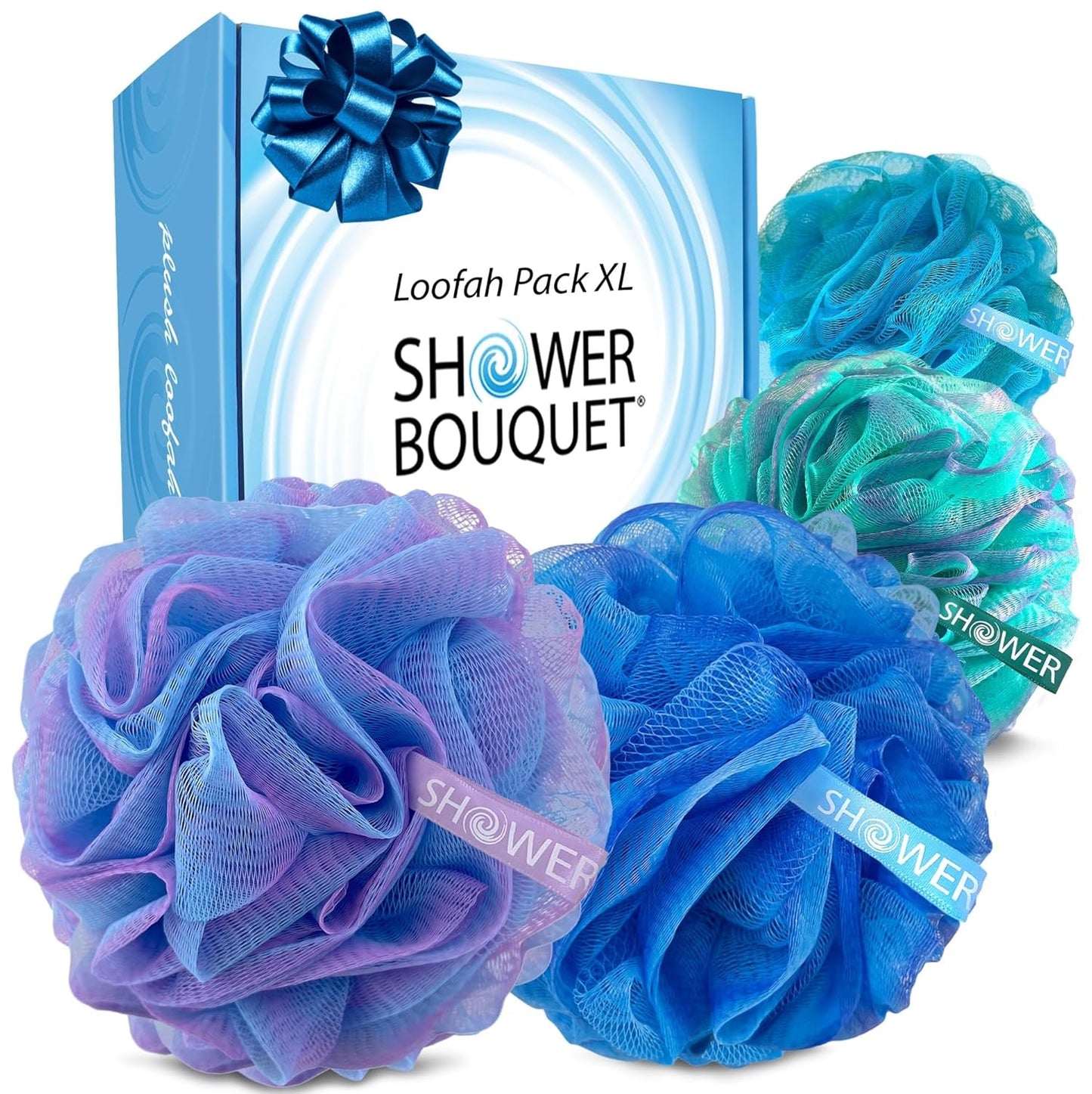 Loofah-Charcoal Bath-Sponge Xl-Color-4-Pack // Extra Large 75G Soft Mesh Black Luffa Loofa Loufa Puff Set/Exfoliating Body Scrubber for Women and Men - Exfoliate & Soothe Face & Body
