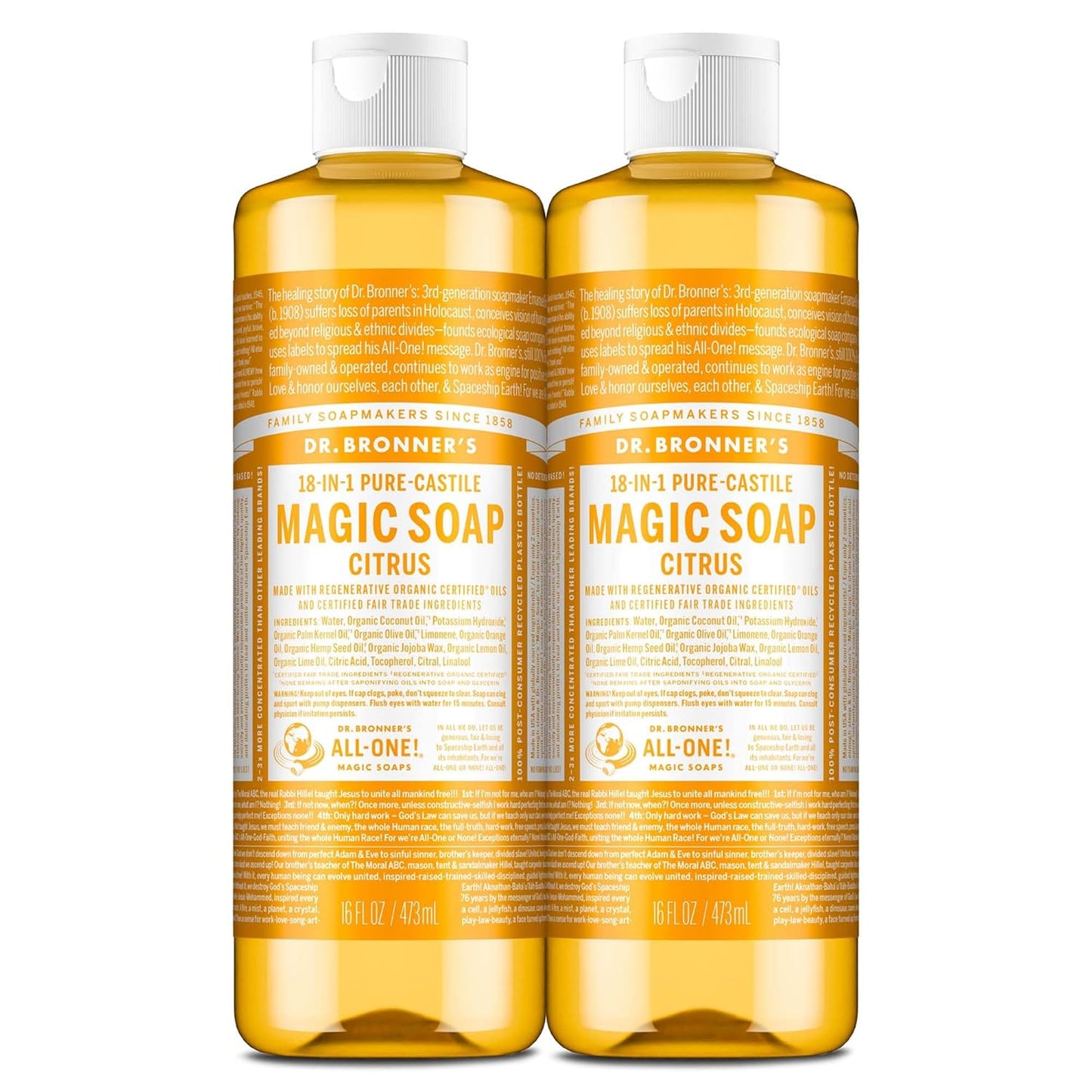 Magic Soap-Pure-Castile Liquid Soap (Citrus, 32Oz, 2-Pack)-Regenerative Organic Certified Oils, 18-In-1 Uses: Body, Hair, Laundry, Pets & Dishes, Concentrated, Vegan, Non-Gmo