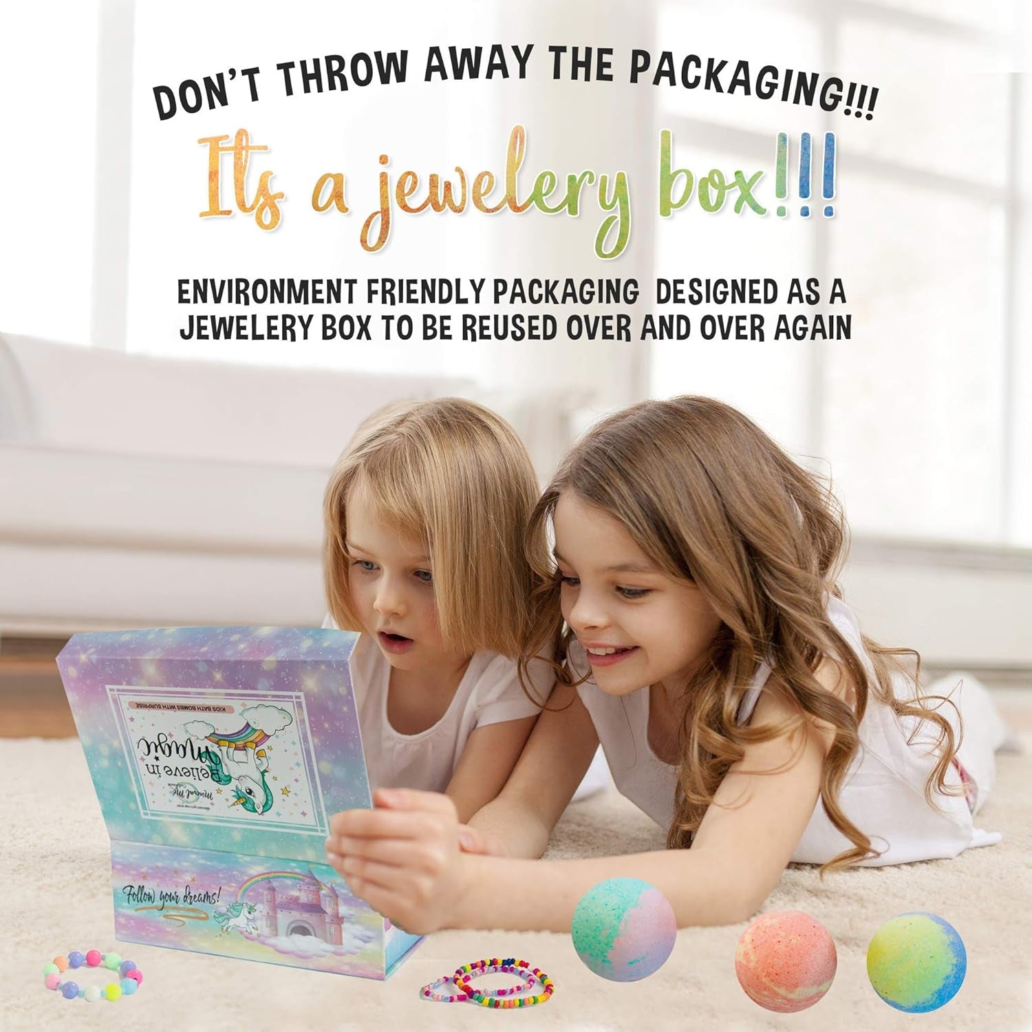 Unicorn Bath Bombs for Girls with Jewelry inside & Jewelry Box for Kids - Organic, Skin Moisturizing, Natural Bubble Bath Bombs for Kids with Surprise Toy Inside, Birthday, Christmas Gift for Girls
