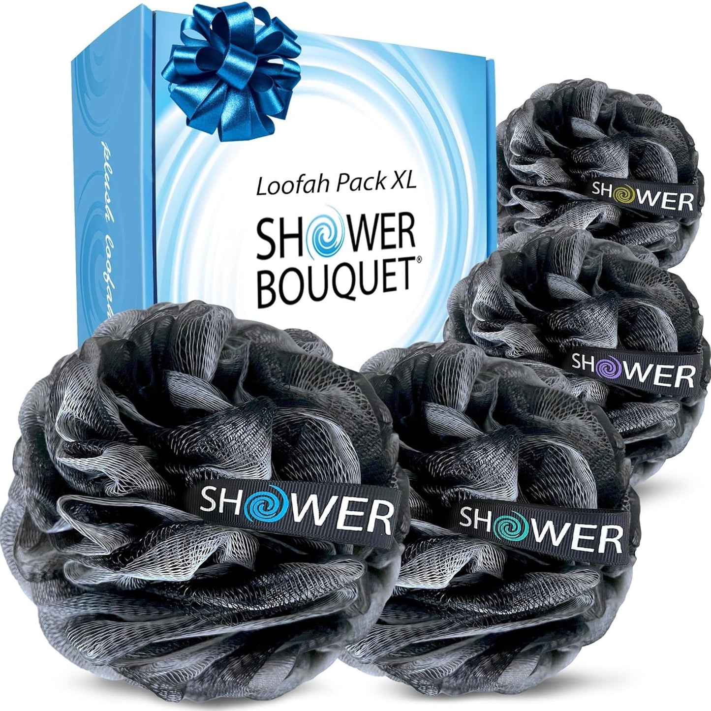 Loofah-Charcoal Bath-Sponge Xl-Color-4-Pack // Extra Large 75G Soft Mesh Black Luffa Loofa Loufa Puff Set/Exfoliating Body Scrubber for Women and Men - Exfoliate & Soothe Face & Body