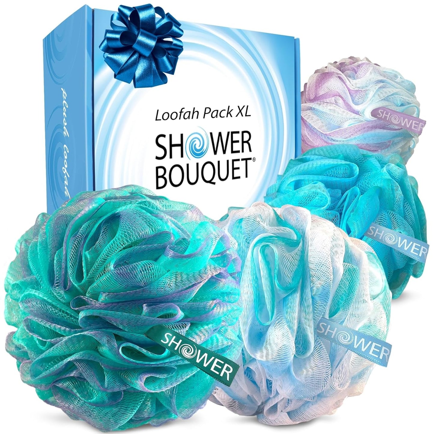 Loofah-Charcoal Bath-Sponge Xl-Color-4-Pack // Extra Large 75G Soft Mesh Black Luffa Loofa Loufa Puff Set/Exfoliating Body Scrubber for Women and Men - Exfoliate & Soothe Face & Body