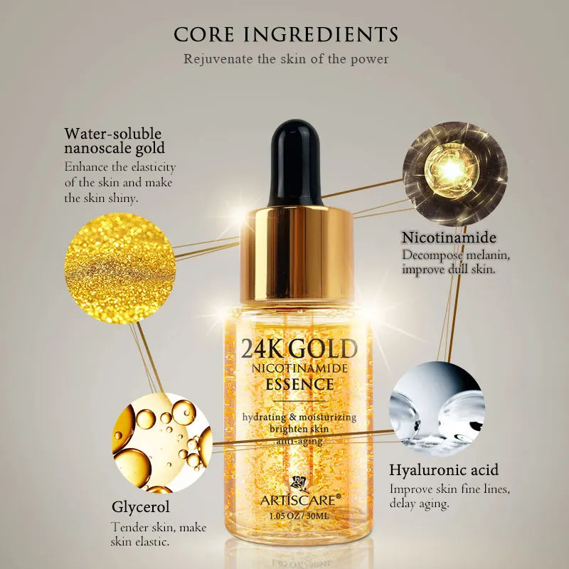 24K Gold Niacinamide Face Essence 30Ml Moisturizing Hyaluronic Acid Serum Dry Skin Care